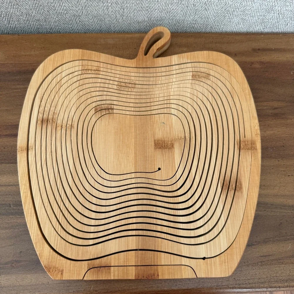 Farmhouse Bamboo Apple Shaped Collapsible Fruit Basket Wood Folding Bowl‎ Trivet